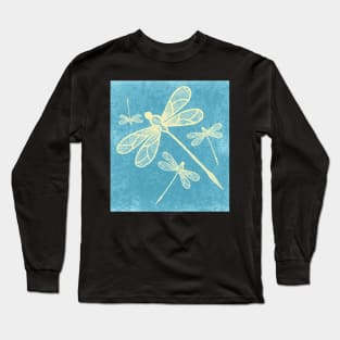 Abstract dragonflies in yellow on textured blue Long Sleeve T-Shirt